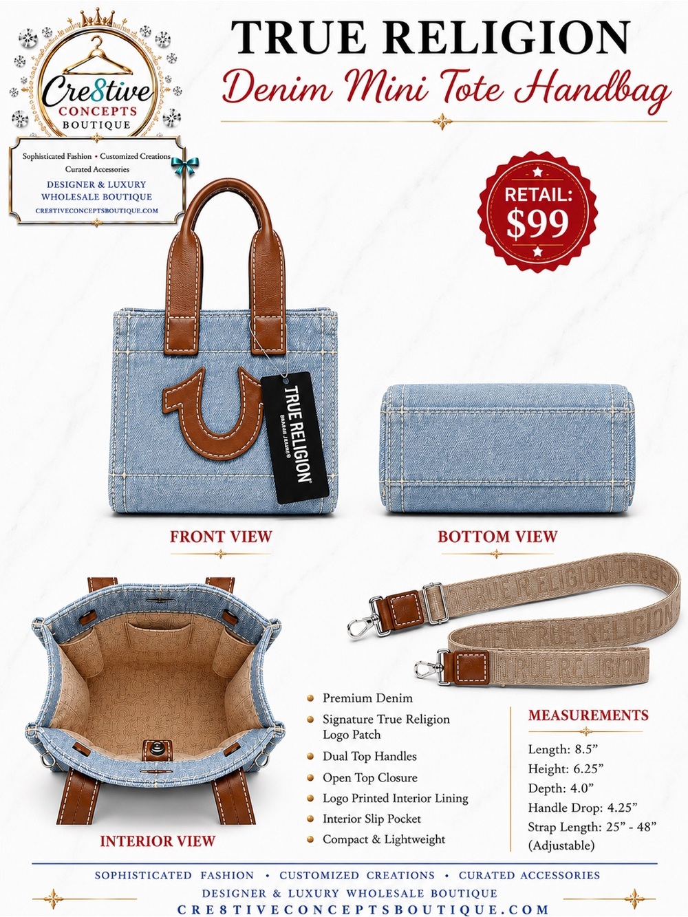 🎱 SOLD-True Religion Denim Tote Crossbody Handbag | Light Wash/Detachable Stra